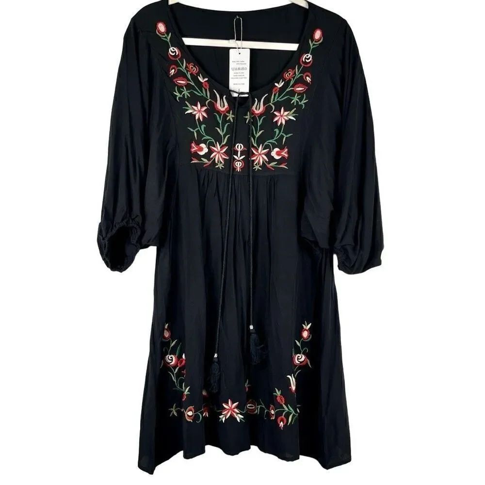 NWT Futurino Black Bohemian Crew Neck Shift Dress Large